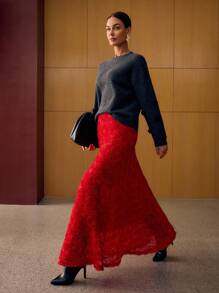 MOTF PREMIUM APPLIQUES BIAS CUT SKIRT - Red - View 1