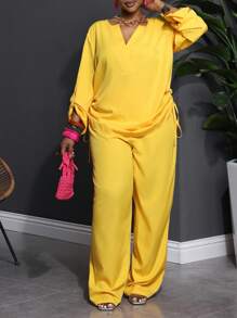Slaydiva 两件套加大码女式西式休闲纯色深V领长袖上衣和长裤套装 - 黃色 - 查看 8