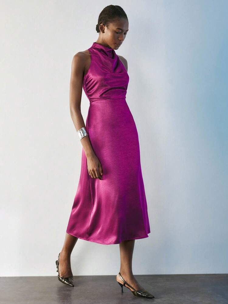 SHEIN Maija レディースファッション ソリッドカラー オフショルダー ドレープドレス