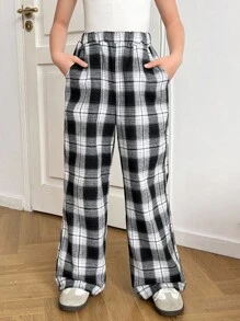 SHEIN Tween Girl Woven Plaid Loose Casual Pants
