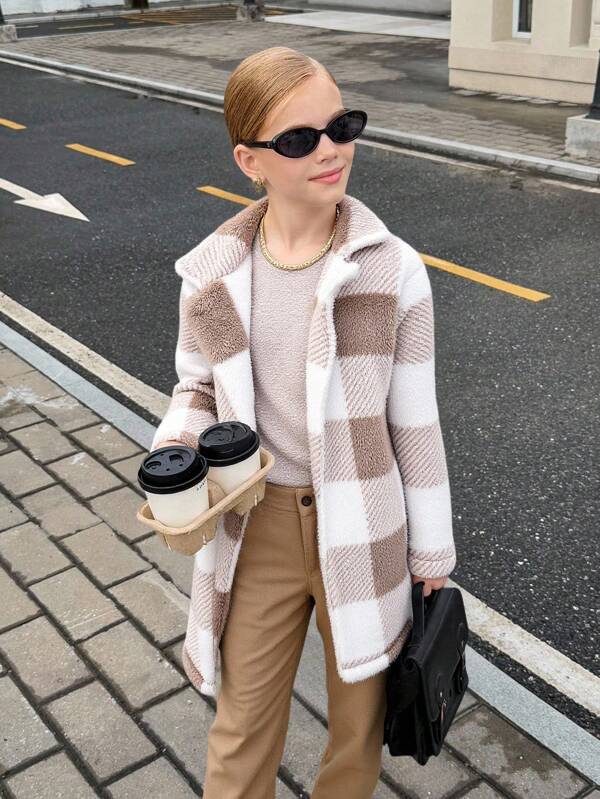 SHEIN 3pcs/Set Tween Girl Solid Color Simple Top, Pants And Fuzzy Plaid Casual Jacket Set