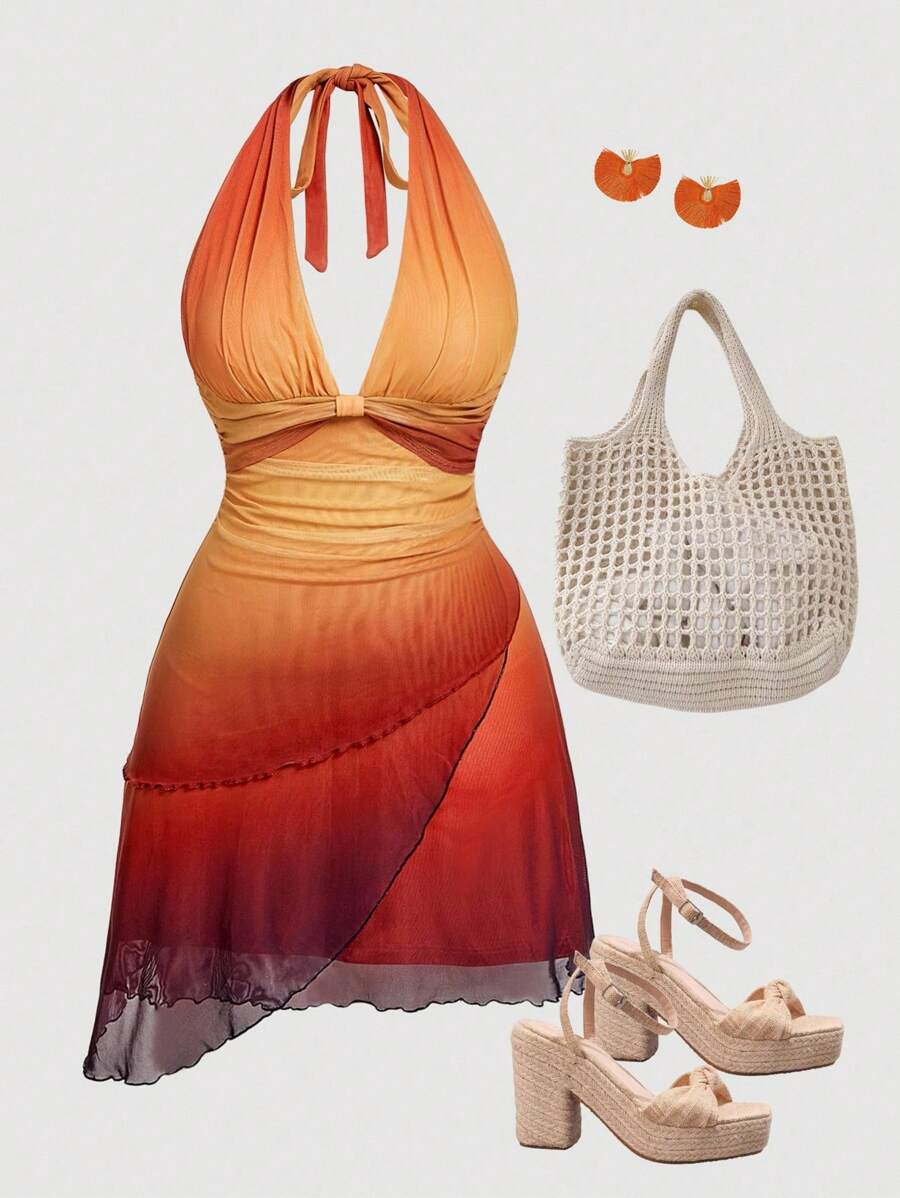 SHEIN MOD Plus Size Ombre Bowknot Asymmetric Fitted Dress Woman Fall Outfit, Sunset Dress,Wedding Guest Dress Women,Autumn Clothes,Fall Clothes,Retro,Chic - Multicolor - View 1