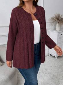 Momelise Plus Size Women Crochet Button Front Long Sleeve Cardigan Winter Fall Autumn - Burgundy - View 4