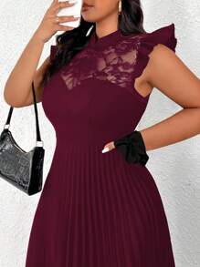 Elenzga 大码女士优雅浪漫新年派对连衣裙，撞色蕾丝立领短袖褶皱酒红色连衣裙，秋冬款 - 酒紅色 - 查看 3