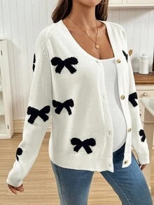 SHEIN Pregnant Women's Contrast Color Bow Jacquard Raglan Sleeve Casual Cardigan