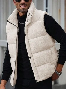 Manfinity Homme 男装街拍热卖INS搭配男士无袖背心抓绒保暖休闲绗缝外套送男友老公秋冬礼物周年纪念日礼物男士男士冬季背心羽绒背心，男士冬季背心，男士羽绒背心，男士泡泡背心，男士冬装 - 米色 - 查看 1