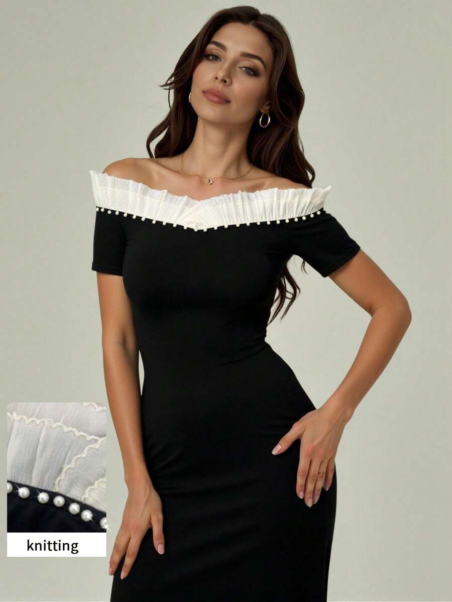 Modelyn Vestido largo ajustado con detalle de volantes de cuentas y hombros descubiertos