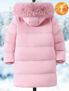SHEIN 1pc Mid-Length Hooded Parka With Faux Fur Collar, Pockets & Sequin Decor, Zipper Closure, Winter Fall - Baby Pink - View 4