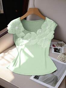 Elenzga 优雅蓝色3D花卉装饰女式T恤 - 綠色 - 查看 1