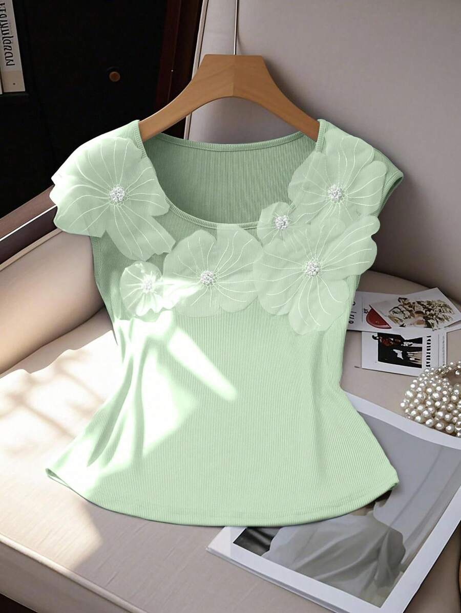 Elenzga 优雅蓝色3D花卉装饰女式T恤 - 綠色 - 查看 1