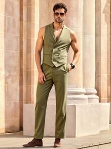 Manfinity NXTstreet 男士DIY奢华百搭英伦风西装马甲套装男士马甲和裤子男士两件套男士西装卡其色卡其色两件套西装男士卡其色马甲男士马甲和裤子男士两件套男士西装马甲男士两件套西装卡其色马甲裤 - 綠色 - 查看 4