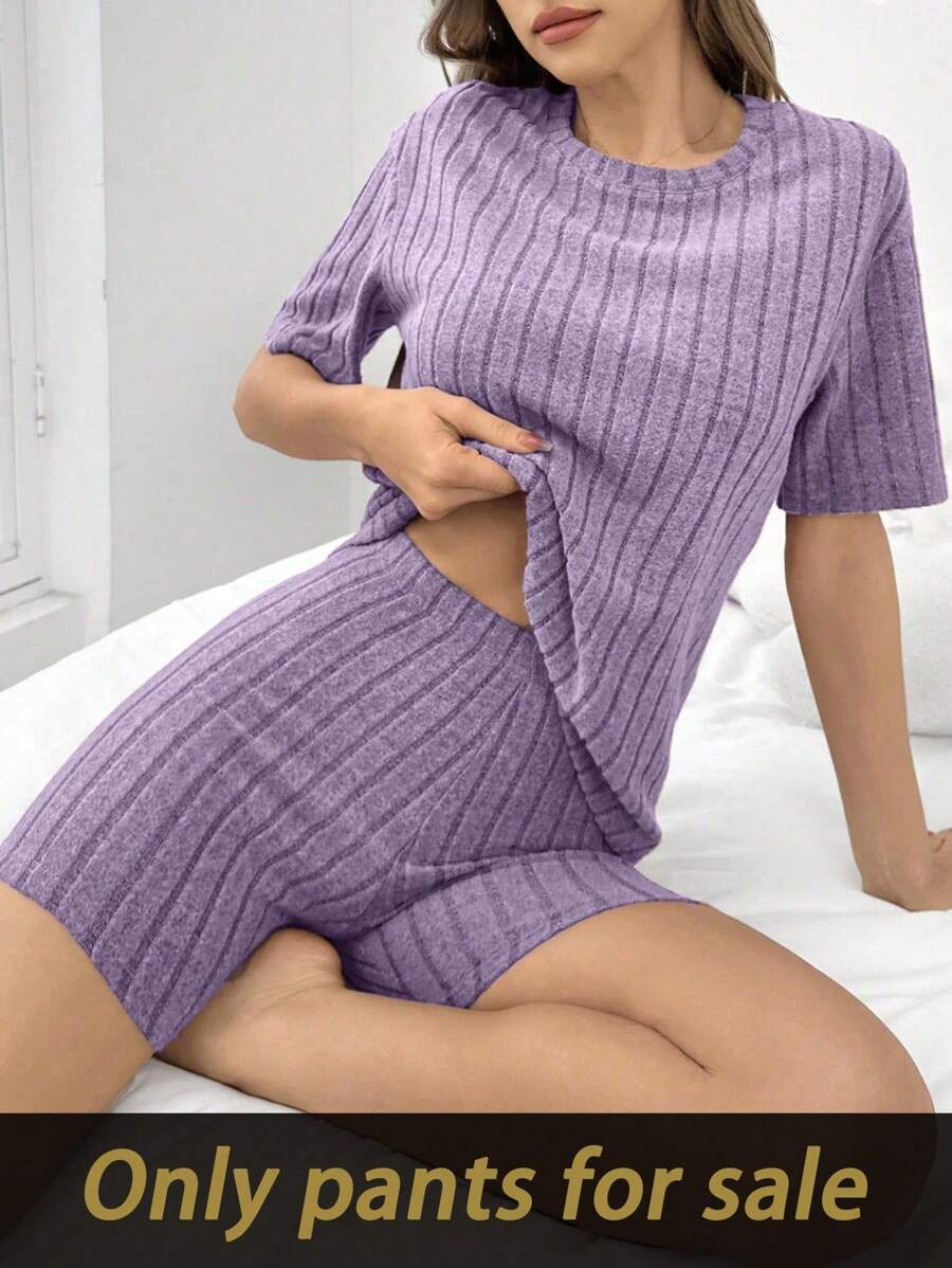 SHEIN 女士纯色拉绒罗纹修身短裤、家居服 - 紫色 - 查看 1