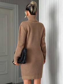 SHEIN Tall Vestido de malha justo com gola alta e manga comprida com estampa de rosto feminino - Castanho Café - Ver 2