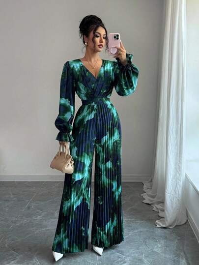 Selianne Women's Tie-Dye Overlap V-Neck Long Sleeve Pleated Wide Leg Jumpsuit Fall Cloth For Women