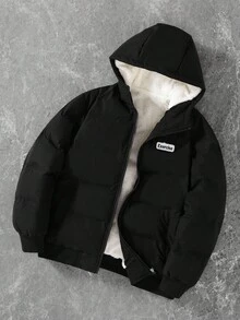 Manfinity EMRG Men's Black And White Letter Graphic Zip-Up Hooded Winter Coat,Thermal Lined Casual Streetwear,Long Sleeve Fall Apparel For Hiking,Campus & Halloween - Black - View 1