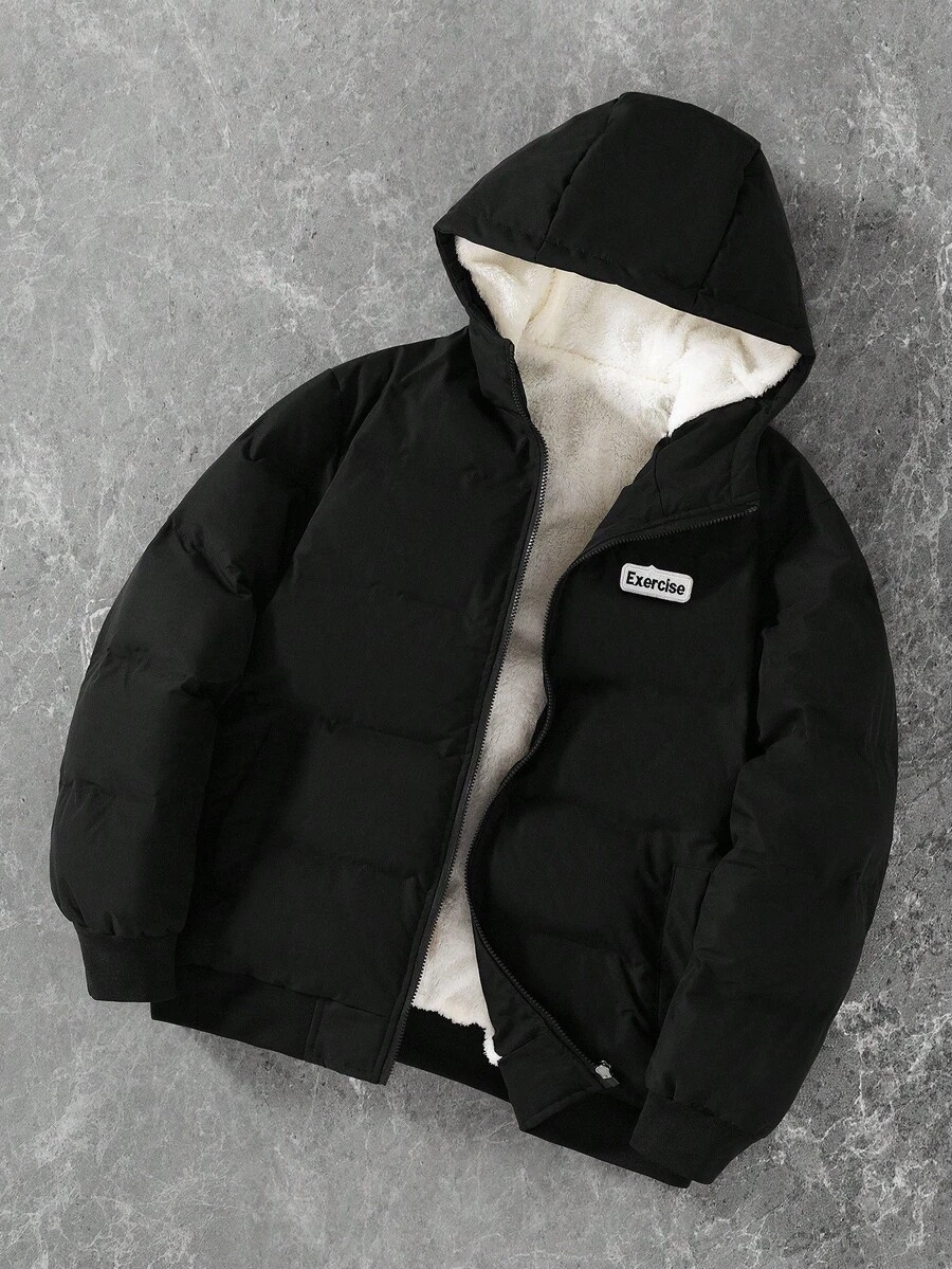 Manfinity EMRG Men's Black And White Letter Graphic Zip-Up Hooded Winter Coat,Thermal Lined Casual Streetwear,Long Sleeve Fall Apparel For Hiking,Campus & Halloween - Black - View 1