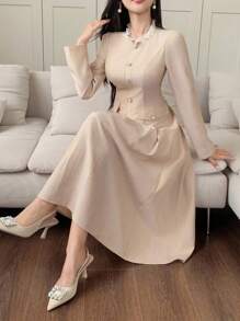 DAZY 女士秋季拼布荷叶边领灯笼袖长裙长袖连衣裙 - 杏色 - 查看 6