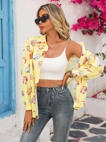 Vivid Eden Buttergelbe Boho Muschel-Muster Langarm Bluse für Frauen, Herbst Urlaub Strand & Alltag Lässig Sommer Blazer, Schulanfang Herbst - Gelb - Übersicht 2