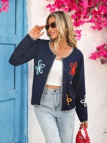 Vivid Eden Women's Navy Blue Floral 3D Decor Contrast Trim Embroidered Cardigan,Autumn Casual Vacation Holiday Crop Long Sleeve Colorblock Cardigan - Navy Blue - View 5