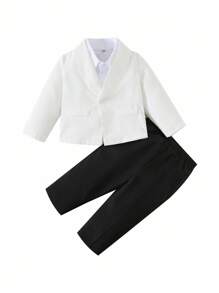 2pcs/Set Baby Boy Gentleman Outfit, White Blazer Jacket With Chest Flower Decor And Black Pants, Comfortable, Versatile, Classic Retro British Style, Suitable For Indoor, Outdoor, Daily, Sports, Play, Party, Photo Shoot, Holiday, Festival, Wedding, Baby Shower, Christening, 1st Birthday Tuxedo Suit Baby Boys Formal Wear White Blazer For Baby Boy, In Fall/Winter - Black and White - View 3