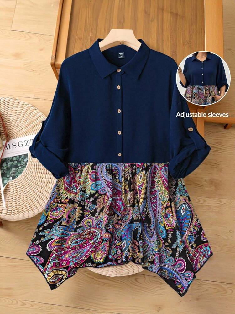 Plus Size Dark Blue Boho Vintage Front Button Cuffed Elegant Fashion Blouse Fall Country Concert