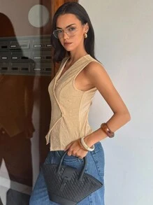DAZY 女士休闲无袖纯色圆领修身夹克，秋季背心 - 杏色 - 查看 4