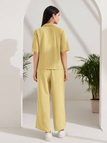 Lacomfia 翻领纽扣前开襟上衣和阔腿裤两件套 - 淡黃色 - 查看 2