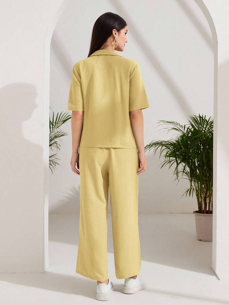 Lacomfia 翻领纽扣前开襟上衣和阔腿裤两件套 - 淡黃色 - 查看 2