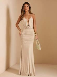 SHEIN BAE Women's Solid Green Spaghetti Strap Ruched Waist Open Back Dress, Suitable For Party, Vacation, Banquet, Wedding, Night Out, Romantic Date, Summer,Fall Wedding Guest Dress - Apricot - View 1