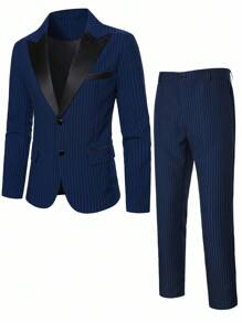 Calvornis 男士条纹翻领长袖夹克和裤子商务套装，老款风格 - 藏蓝色 - 查看 6