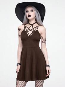 ROMWE Goth 夏季女式哥特式性感纯色迷你连衣裙 - 咖啡棕 - 查看 4