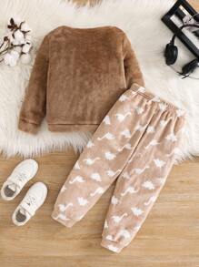 SHEIN 2 件套小男孩卡通刺绣恐龙图案圆领长袖上衣和长裤，柔软舒适双面法兰绒睡衣套装，冬季 - 卡其色 - 查看 2