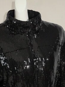 SHEIN ICON 女士性感街头亮片立领短款宽松夹棉大衣 - 黑色 - 查看 7