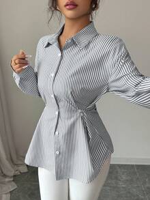 Modelyn 休闲通勤条纹腰长袖衬衫 - 黑色 - 查看 5