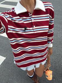 Muchica Women's Casual Back-To-School Merlot Wine Red Colorblock Striped Long Sleeve T-Shirt,Embroidered Horse Polo Shirt,Old Money Autumn School Burgundy - Multicolor - View 6