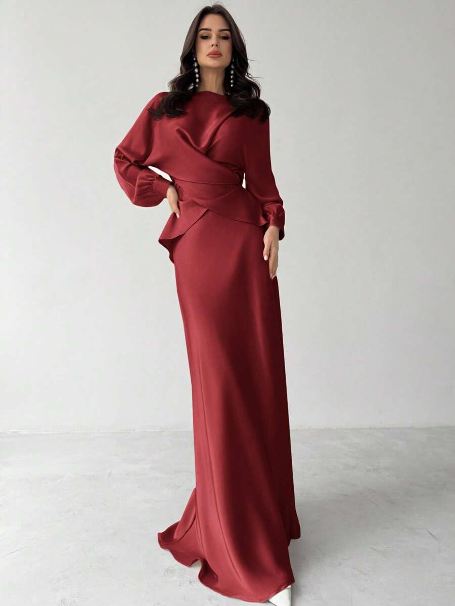 Firerie 女士优雅缎面不对称下摆半身裙 - 酒紅色 - 查看 1