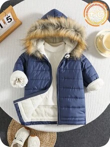 SHEIN Veste à capuche en polaire épaisse unisexe pour bébé avec col en fourrure, bleu foncé, convenant à l'automne/l'hiver, polyvalente pour l'intérieur, l'extérieur, le quotidien, les sports, les jeux, les fêtes, les séances photo, les vacances, les festivals, les raves, le ski