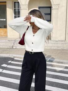 Serisse Solid Drop Shoulder Button Up Crop Cardigan,Knitted Sweater In Fall/Winter White Casual Spring - White - View 4