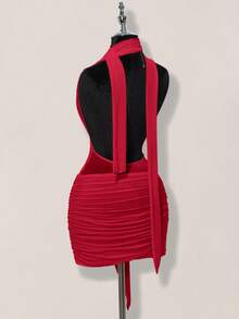 SHEIN ICON Women's Red Sheer Deep Draped Neck Ruched Tie Waist Backless Bodycon Mini Dress Draped Dress,Party Dresses For Women,Dresses For Women Party - Red - View 7