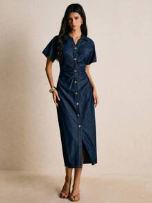 Poéselle 新款女式牛仔连衣裙短袖前襟收腰紧身长裙深蓝色连衣裙秋季女士连衣裙返校万圣节服装女教师连衣裙婚礼宾客连衣裙女式商务休闲装女式约会夜装 - 深色水洗藍 - 查看 4