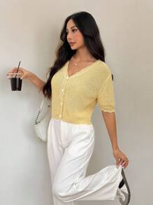 SHEIN PETITE 女士浅黄色短袖羊毛针织开衫 - 黃色 - 查看 2