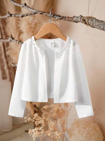 SHEIN Young Girl Plain Color Rhinestone Decor Casual Cardigan Girls White Cardigan White Jacket Tween White Blouse Girls Pearl Cardigan Girl White Shrug Girl White Shrugs White Jacket Girls White Bolero Jacket, In Fall/Winter
