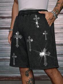 AXEPEAK Men's Elastic Waist Rhinestone Cross Pattern Pocket Loose Shorts - Black - View 3