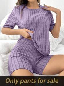 SHEIN 女士纯色拉绒罗纹修身短裤、家居服 - 紫色 - 查看 3