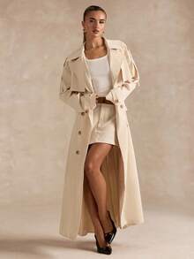 SHEIN BAE 女士纯色时尚双排扣翻领休闲夹克 - 杏色 - 查看 4