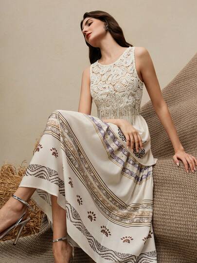 Anewsta Women's Vacation Bohemian Style Tassel Waist Sleeveless Flared Dress