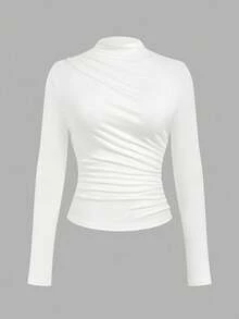 Sweetra Maglietta casual a maniche lunghe, slim fit, comoda, con collo a giro, tinta unita, per donne taglie forti - Bianco e nero - Visualizzare 14