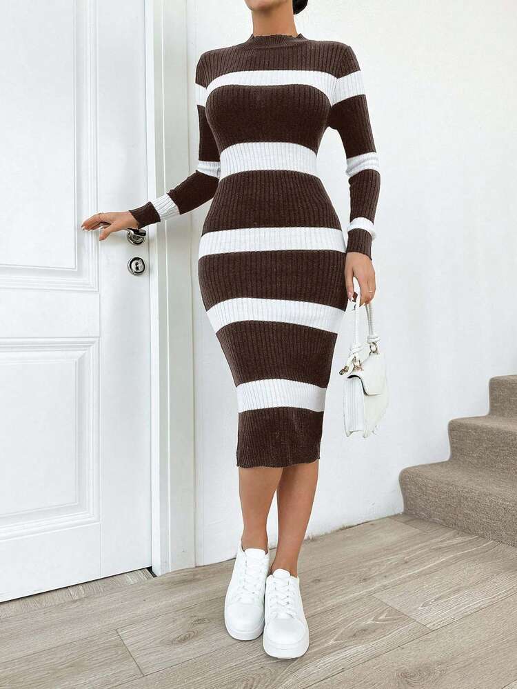 EURMUSE Women's Colorblock Long Sleeve Knit Sweater Dress,Winter Dresses - Brown - View 4