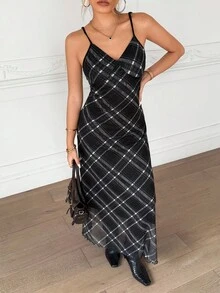 SHEIN 少女格子无袖休闲连衣裙，简约格纹吊带连衣裙，复古百搭轻盈假日风格