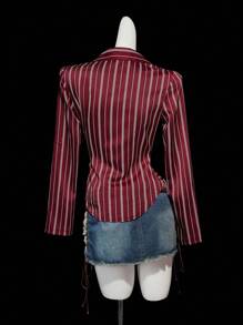 SHEIN ICON Women's Red Striped Oblique Placket Waist Ruched V-Neck Long Sleeve Casual Vacation Sexy Blouse Western Blouses